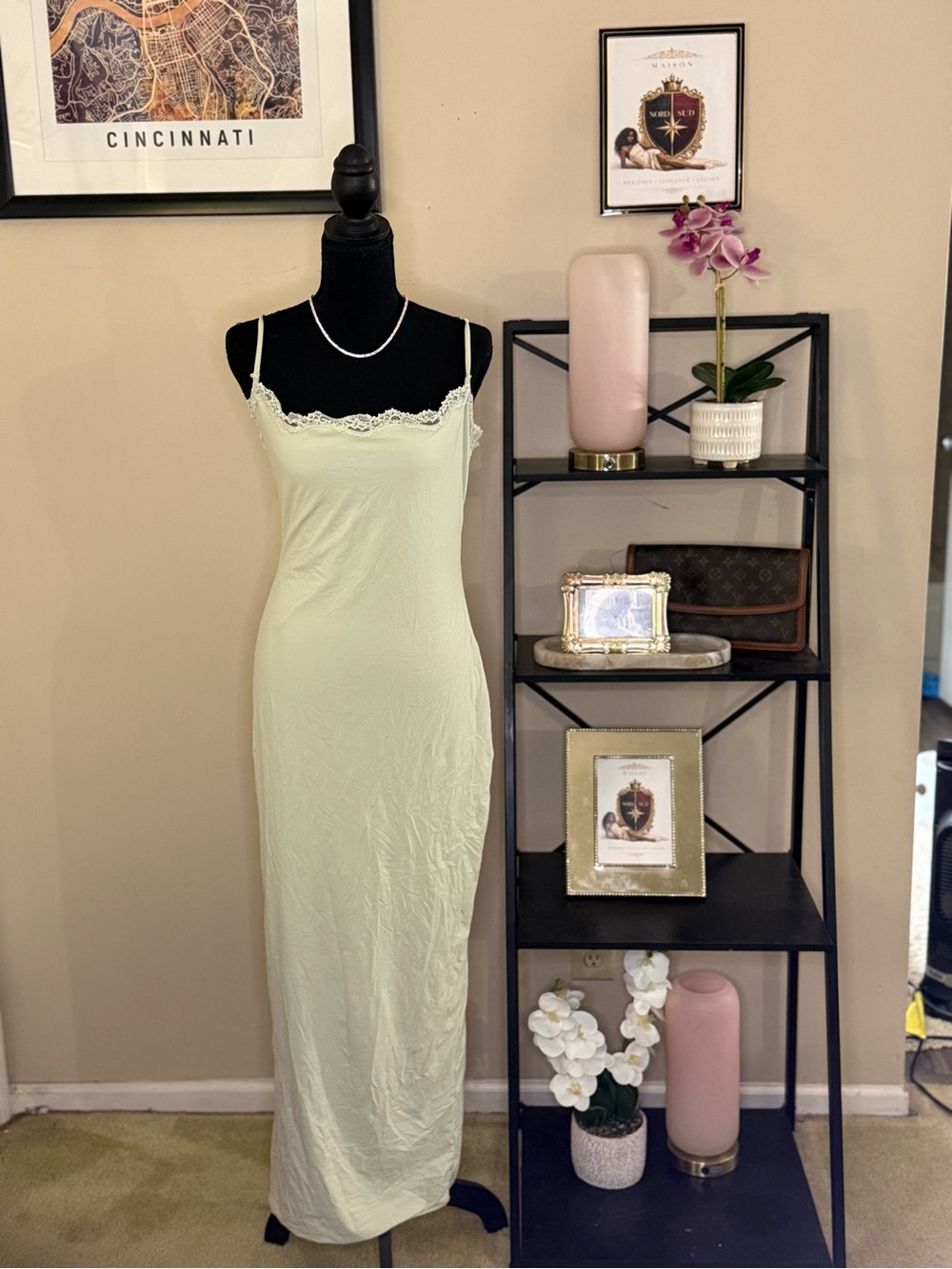 SKIMS Maxi Slip Dress in Pale Green with Lace Trim